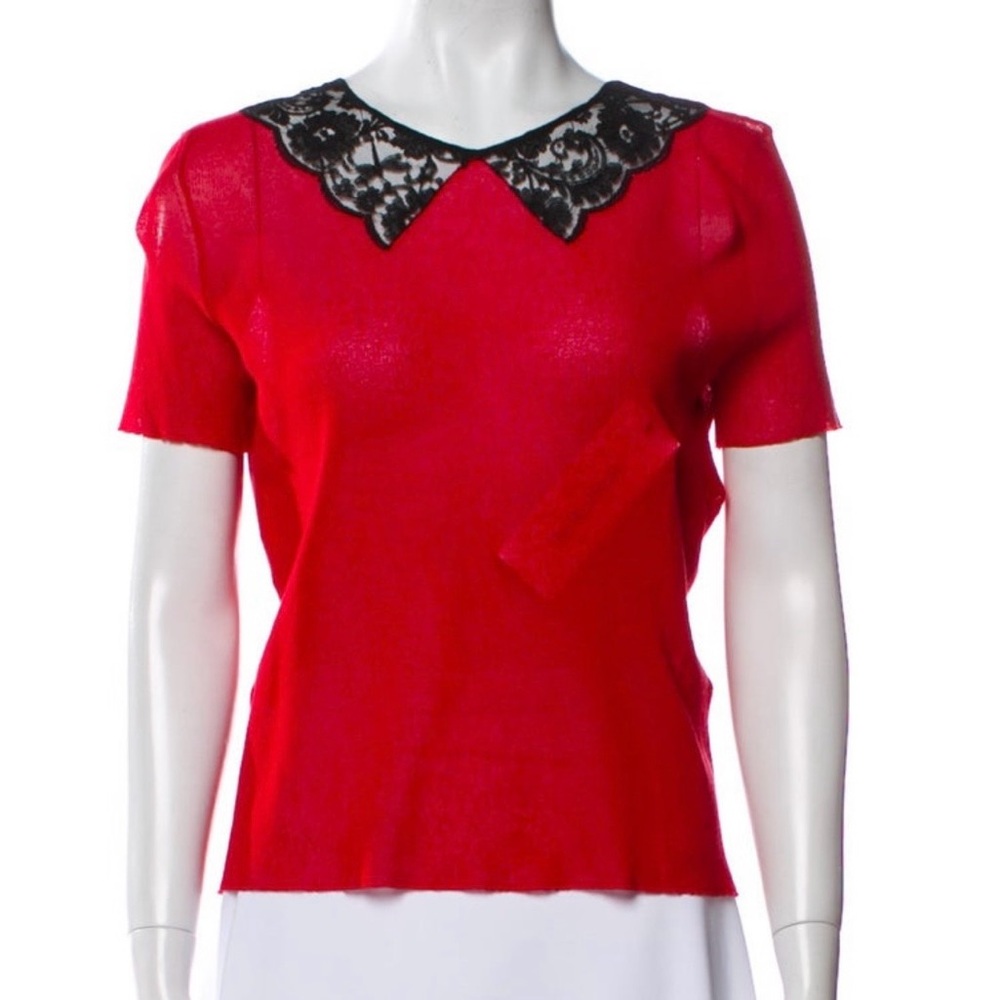Vintage Dior Red Blouse with Black Lace Collar size M